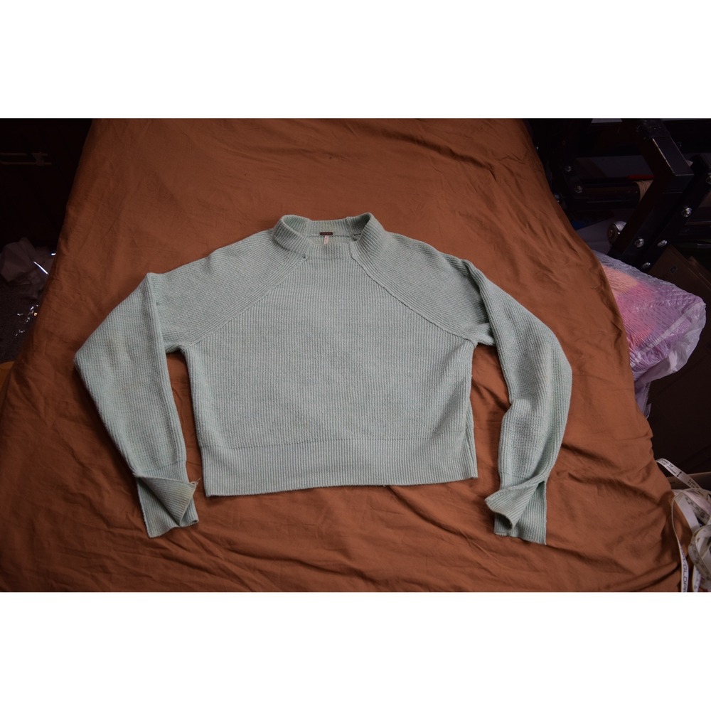 Free People Women Mint Green Mock Neck Ribbed Raglan Knit Sweater Size S